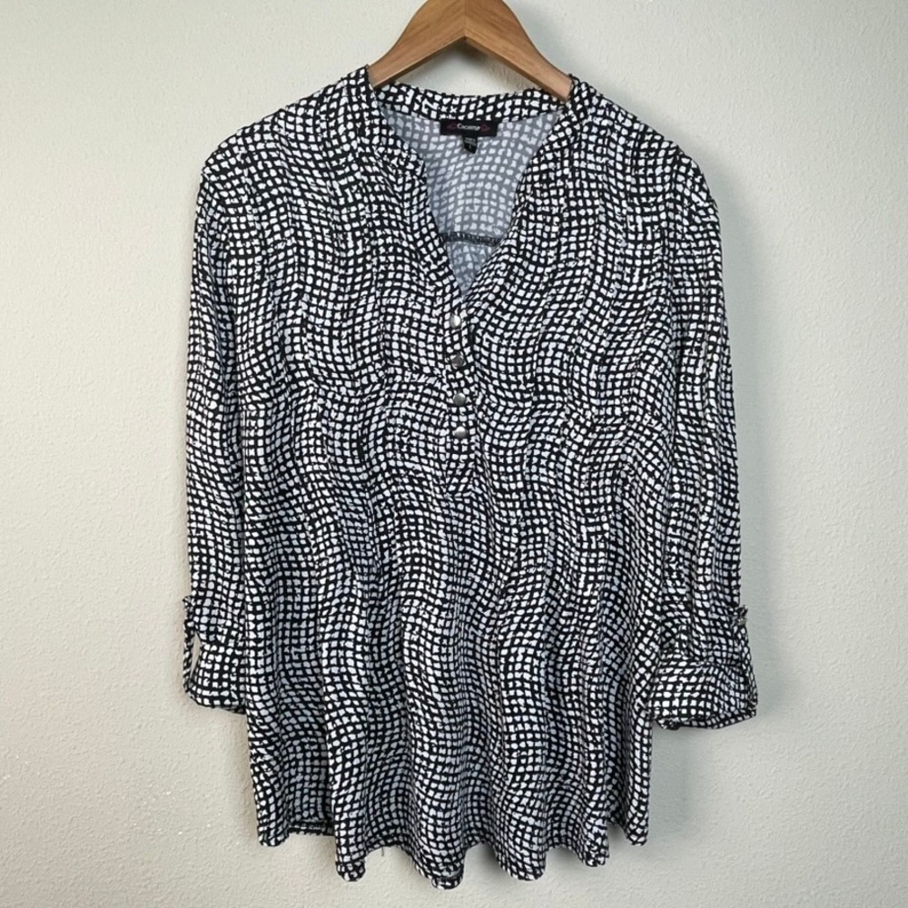 Cocomo‎ Black White Abstract Roll Tab Sleeve Top Women's L Work Closet Staple